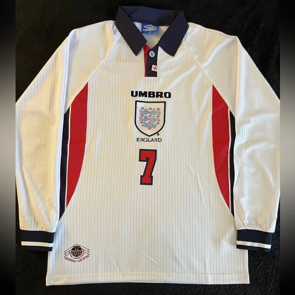 David Beckham #7 England Longsleeve 1998 Home Jersey Retro - Picture 2 of 5